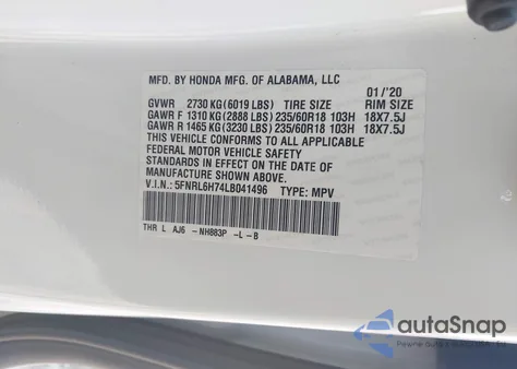 2020 Honda Odyssey Ex-L/Ex-L W/Navi Res from USA, damaged, VIN 5FNRL6H74LB041496